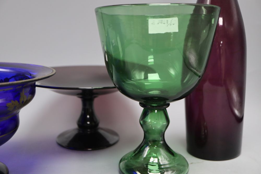 A Victorian silver-mounted Victorian coloured glass decanter, a tazza, a green glass and a blue bowl (4)